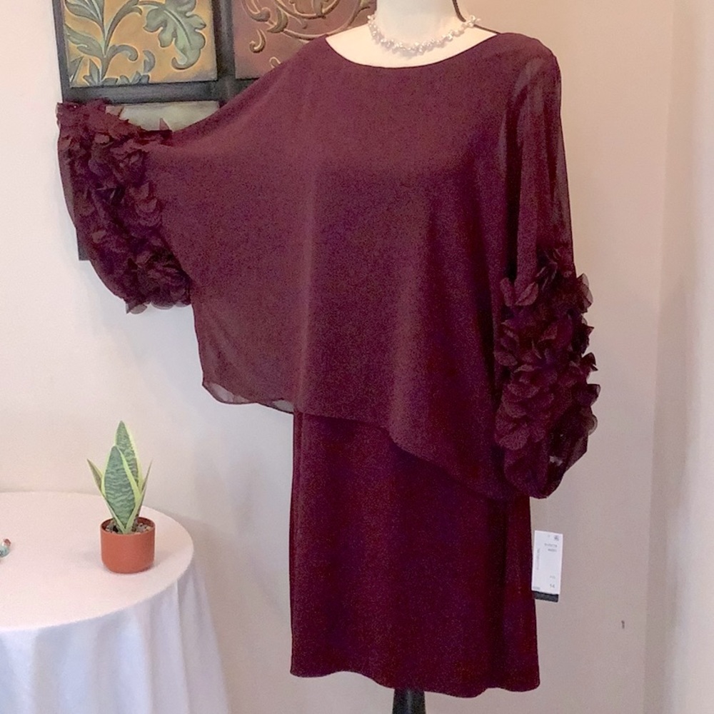 SLNY Burgundy Dress with sheer overlay and petal like sleeves. Size 14